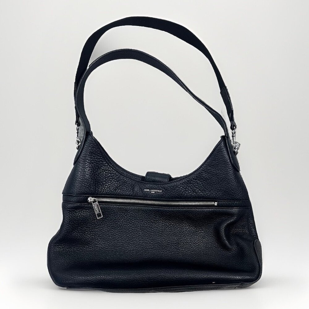 Karl Lagerfeld Black Pebbled Leather Silver Tone Hardware Shoulder Bag Purse